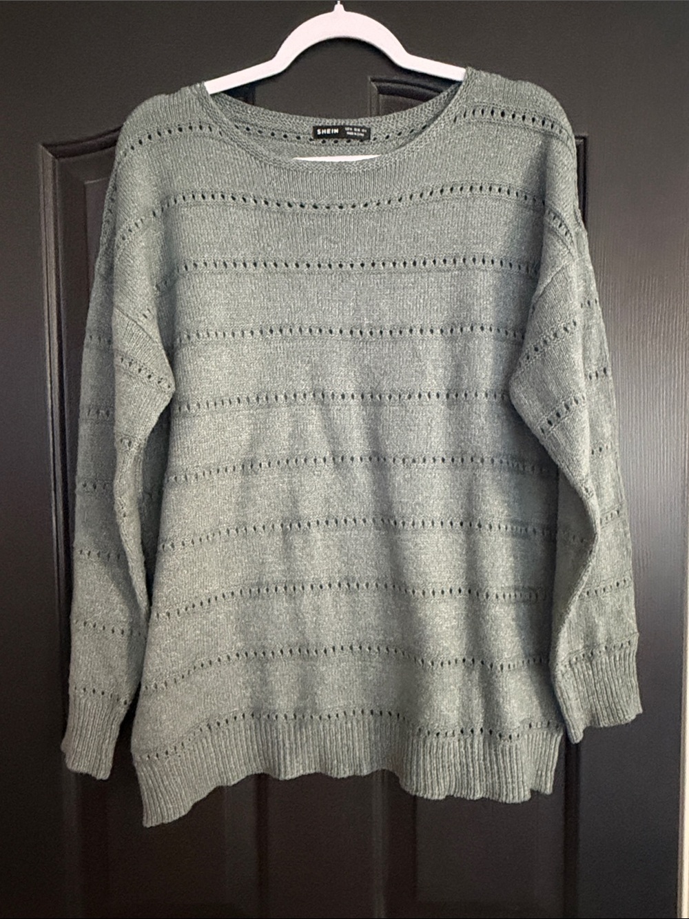 SHEIN Sage Green Open-Knit Crewneck Sweater